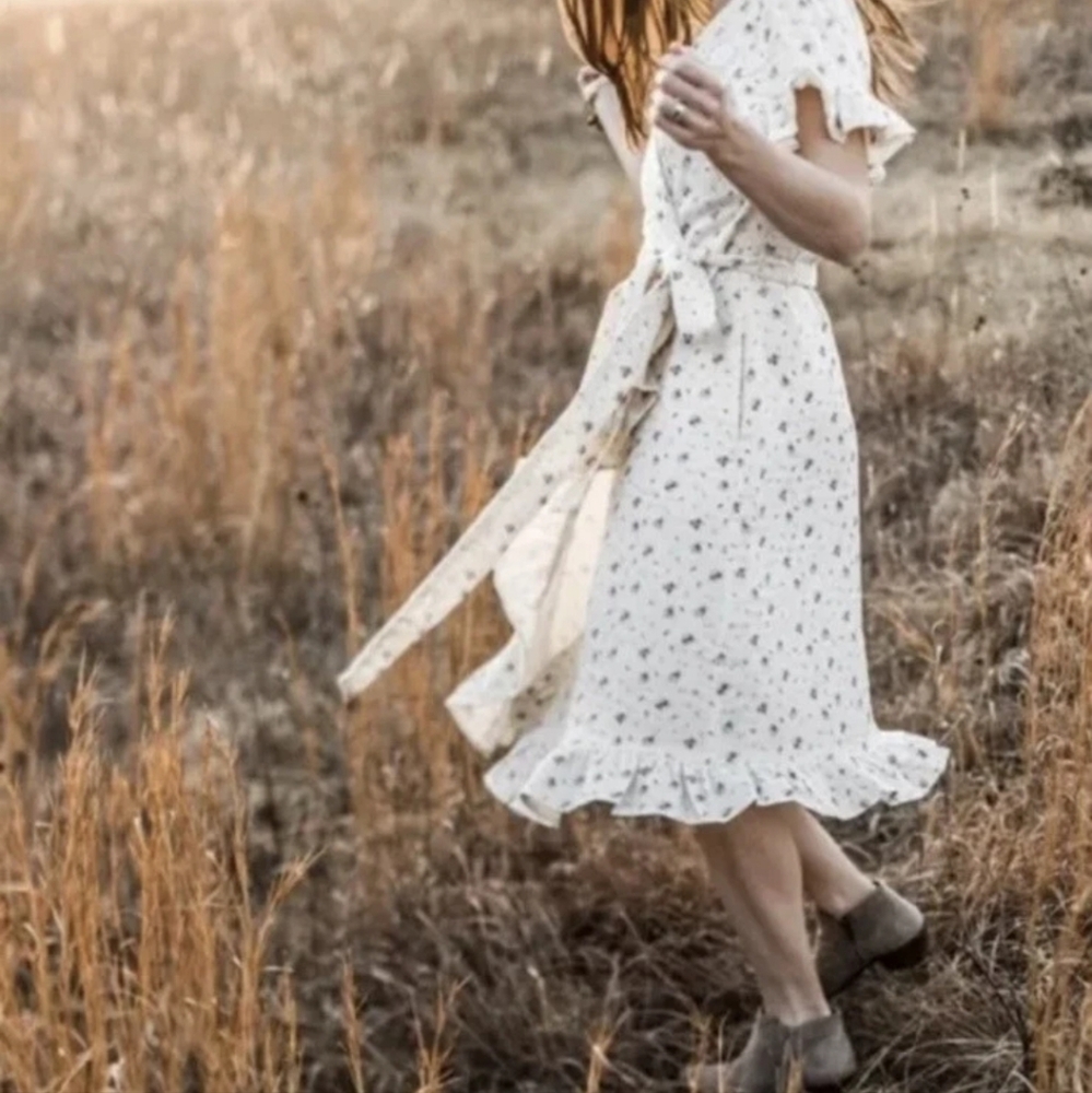 Women's White Floral Midi Dress with Tie Waist